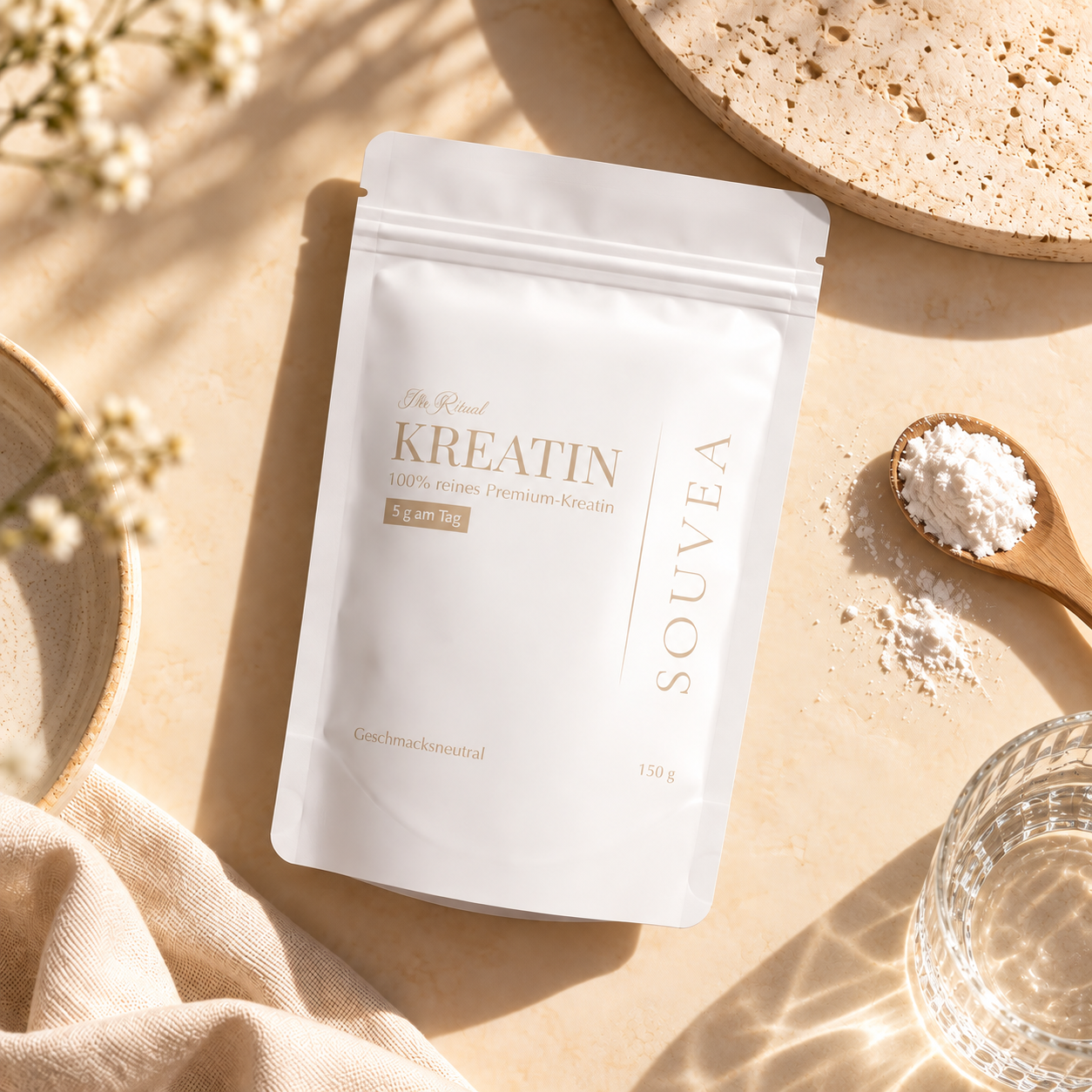 Souvea Kreatin Beutel, 150g, geschmacksneutral, auf hellem Marmoruntergrund mit Trockenblumen