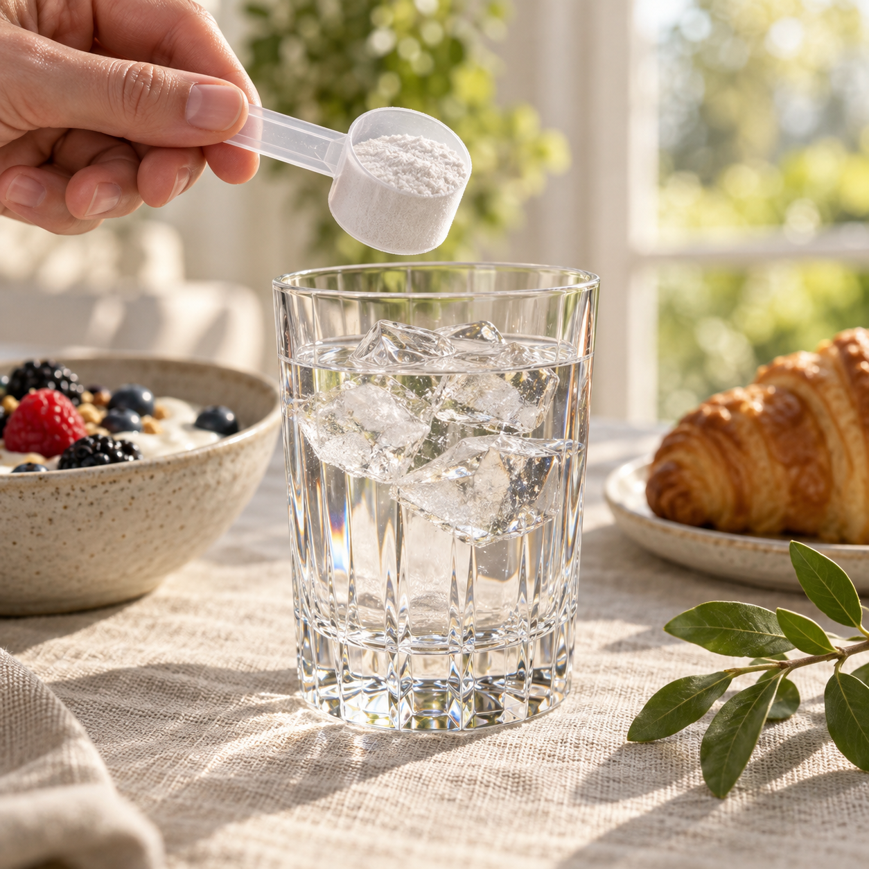 Ein Messlöffel Souvea Kreatin wird in ein Glas Wasser mit Eis gegeben